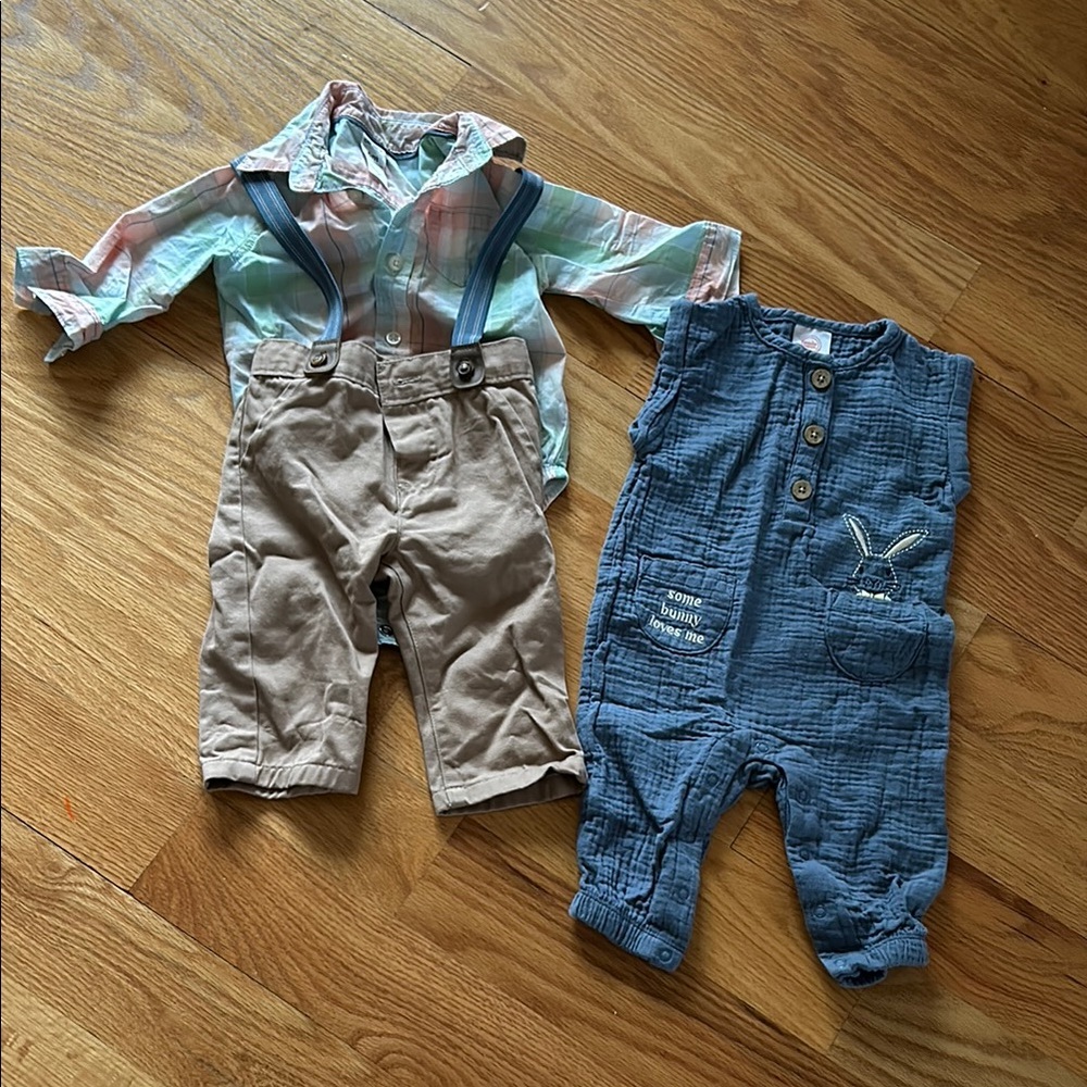 Carters Easter Outfit Set with Suspenders and bunny Romper (6M)
